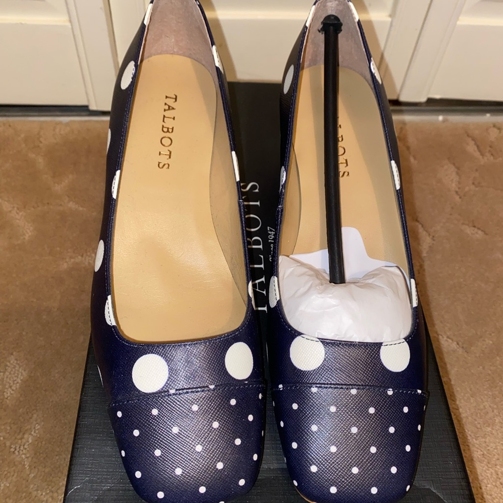 Talbots Claire Square Toe Navy and White Polka Dot. New in box women’s size 6.5.